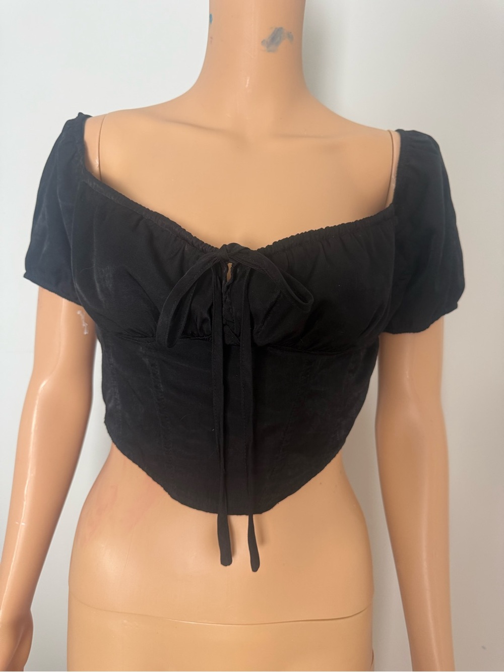 SHEIN Black Short Puff-Sleeve Tie-Front Cropped Top
